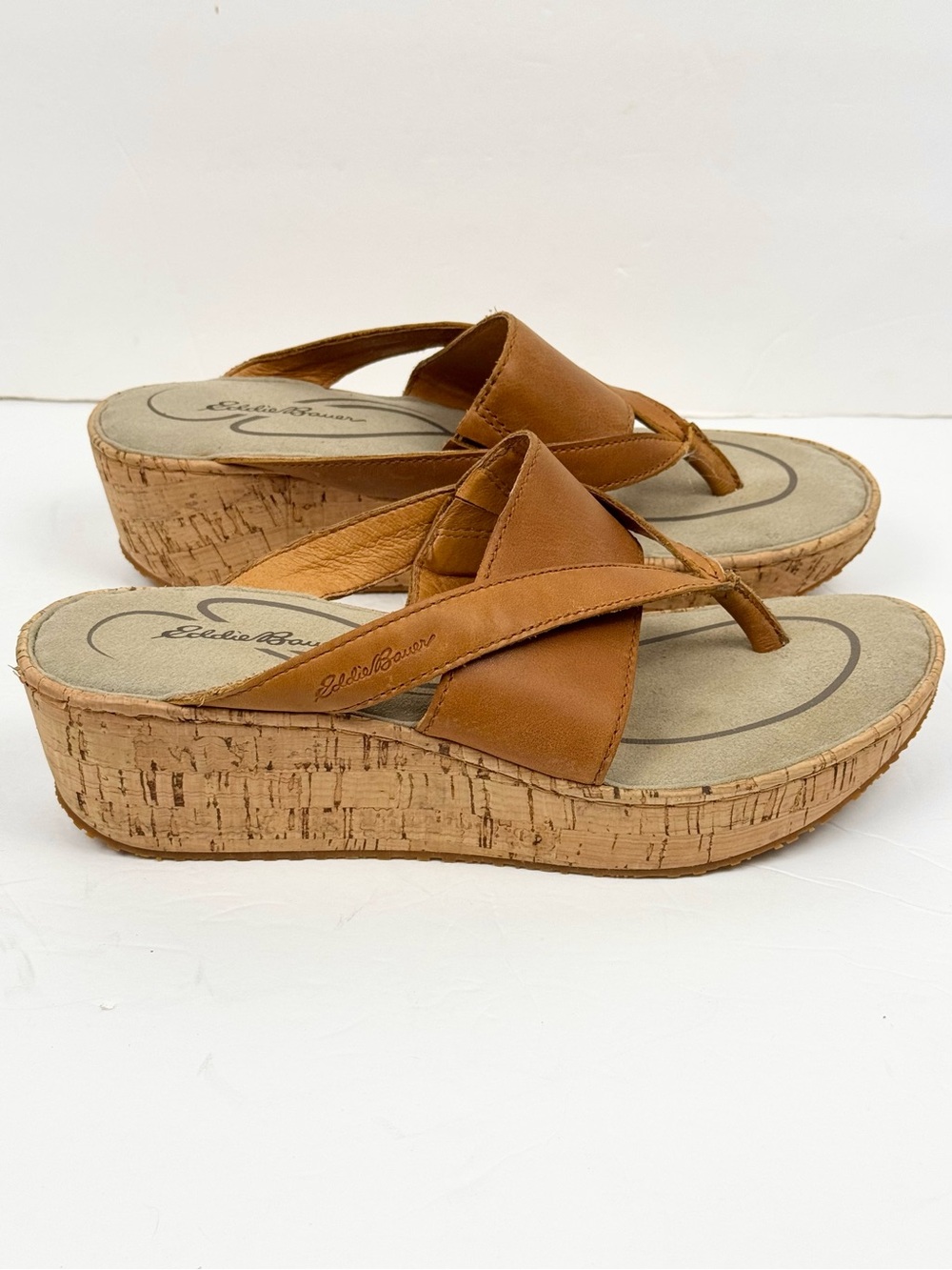 Eddie Bauer Cognac Leather Thong Wedge Sandals Size 8.5.